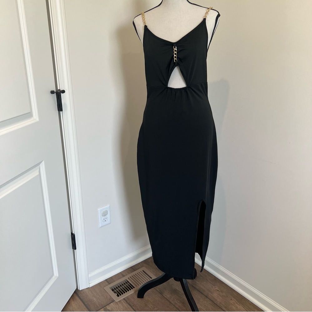 Slinky Sexy Little Black Dress Gold Chain Straps Cutout Going Out Love Island